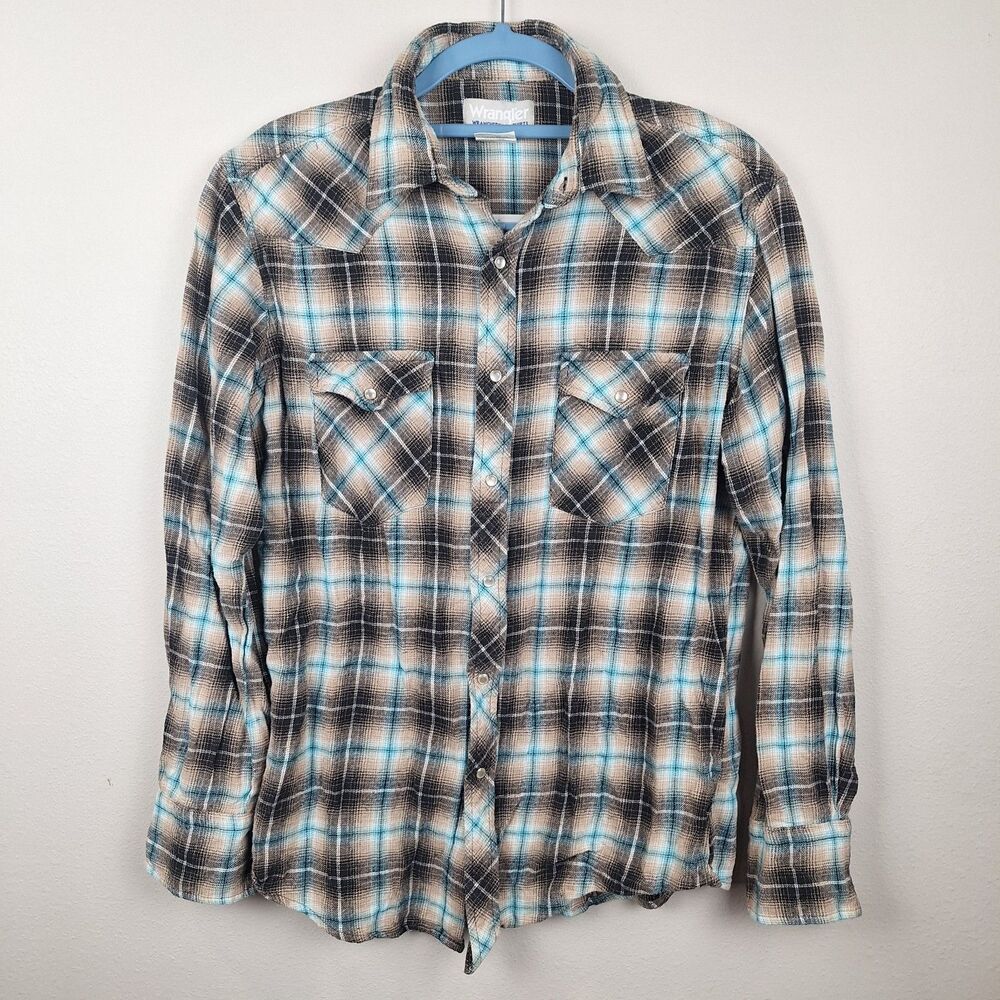 Wrangler Wrancher Soft Flannel Blue Plaid Western Shirt Pearl Snap Size Medium